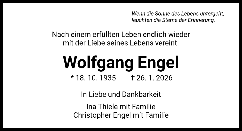  Traueranzeige für Wolfgang Engel vom 07.02.2026 aus HNA