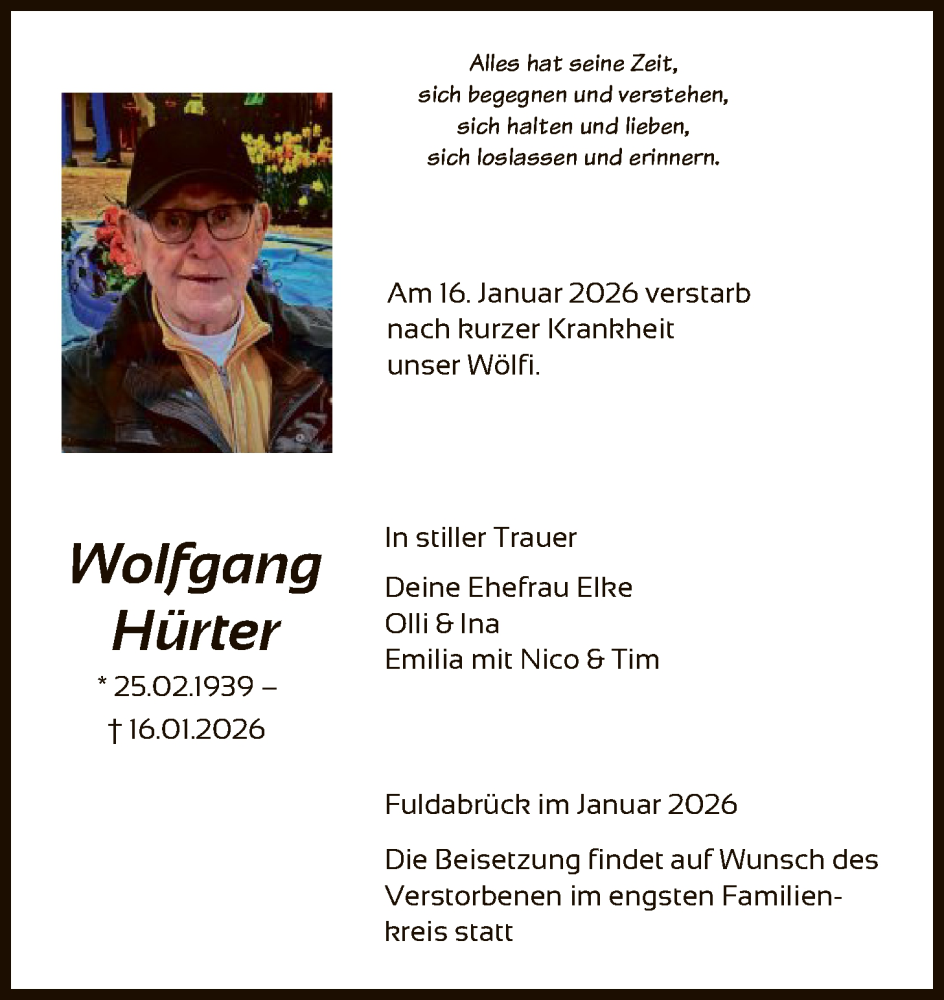  Traueranzeige für Wolfgang Hürter vom 07.02.2026 aus HNA