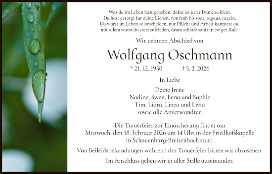 Traueranzeige von Wolfgang Oschmann von HNA