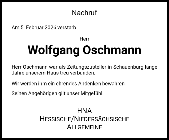 Traueranzeige von Wolfgang Oschmann von HNA