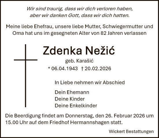 Traueranzeige von Zdenka Nežic von HNA